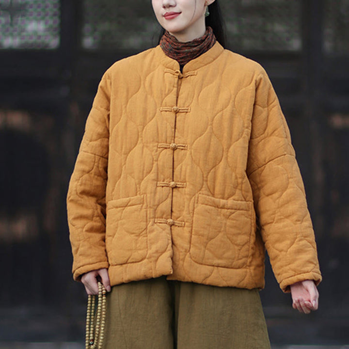 Veste thermique femme en coton ramie à manches longues et poches, motif lignes courbes et boutons grenouille , Buddha Stones Winter - image 7