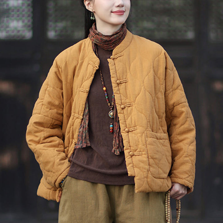 Veste thermique femme en coton ramie à manches longues et poches, motif lignes courbes et boutons grenouille , Buddha Stones Winter - image 9