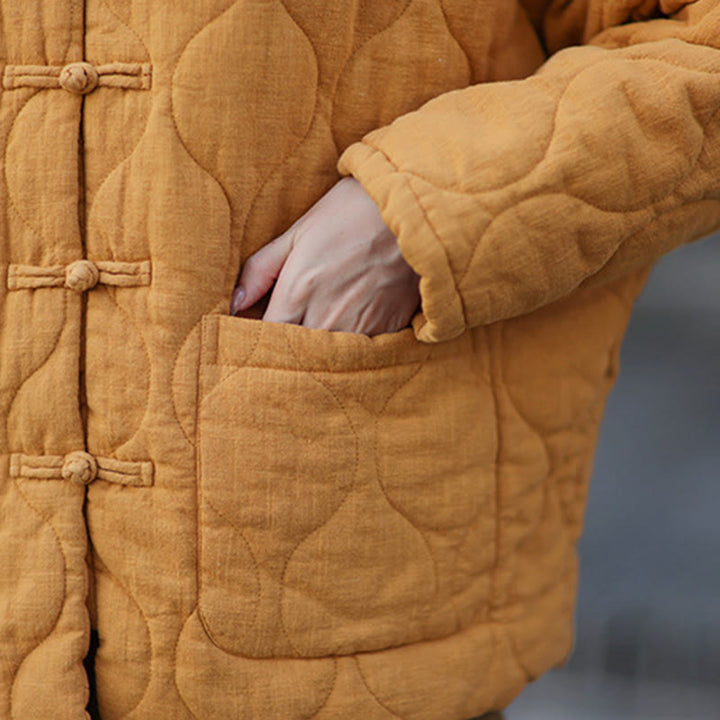 Veste thermique femme en coton ramie à manches longues et poches, motif lignes courbes et boutons grenouille , Buddha Stones Winter - image 13