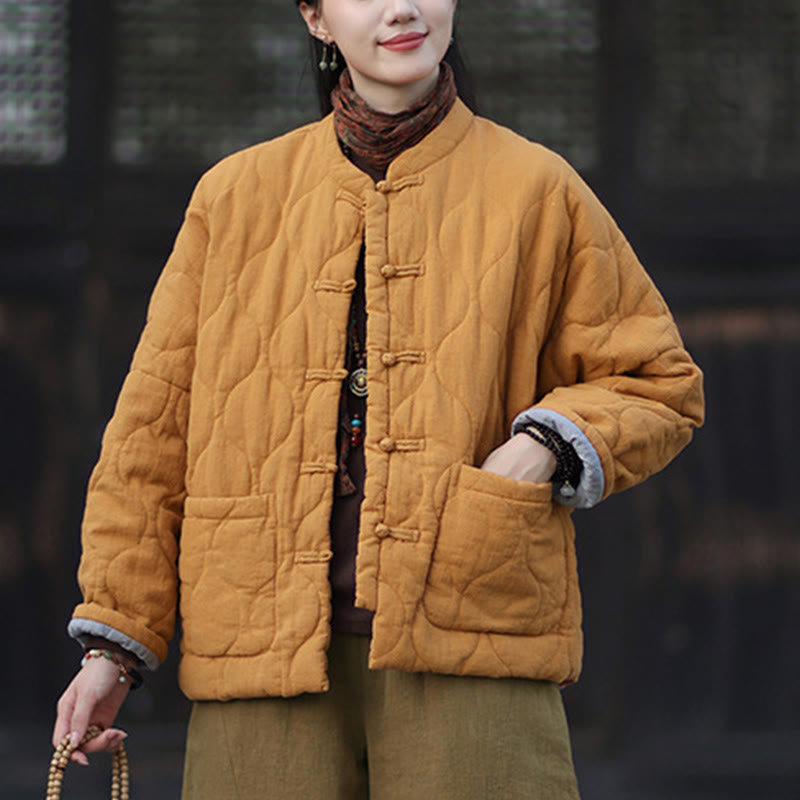 Veste thermique femme en coton ramie à manches longues et poches, motif lignes courbes et boutons grenouille , Buddha Stones Winter - image 8