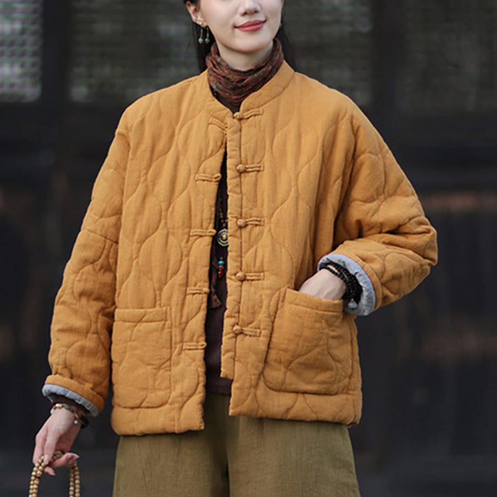 Veste thermique femme en coton ramie à manches longues et poches, motif lignes courbes et boutons grenouille , Buddha Stones Winter - image 8
