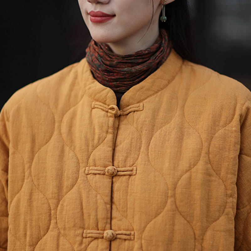 Veste thermique femme en coton ramie à manches longues et poches, motif lignes courbes et boutons grenouille , Buddha Stones Winter - image 11