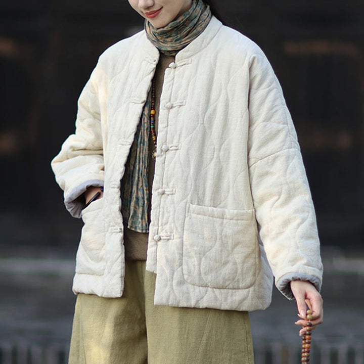 Veste thermique femme en coton ramie à manches longues et poches, motif lignes courbes et boutons grenouille , Buddha Stones Winter - image 16