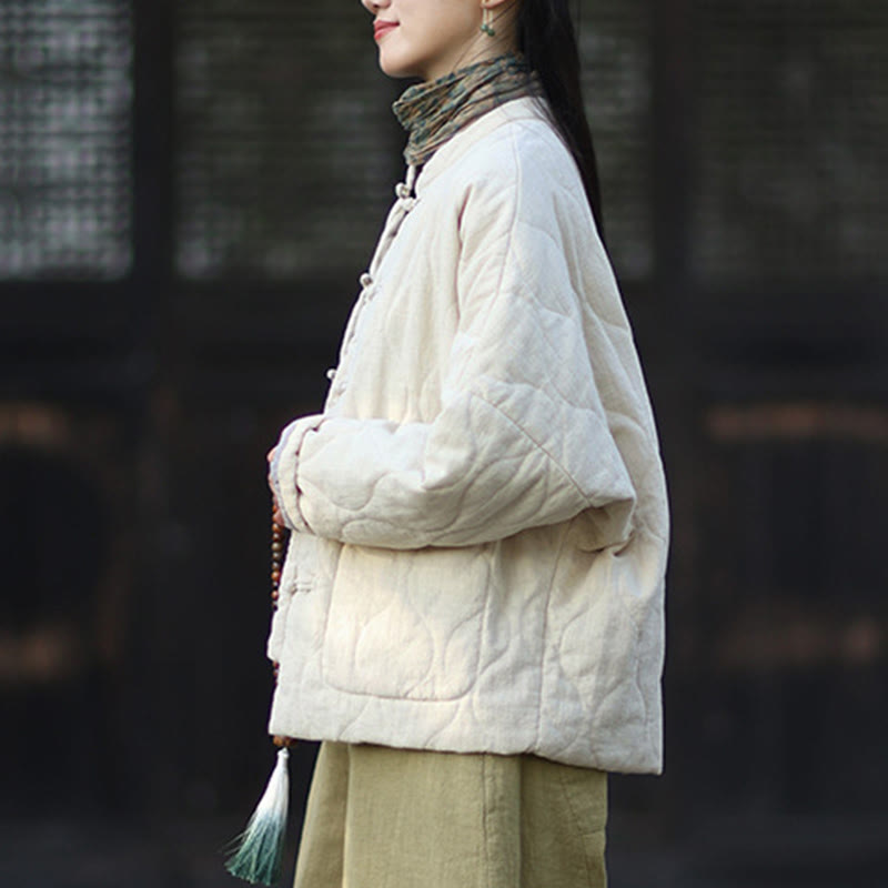 Veste thermique femme en coton ramie à manches longues et poches, motif lignes courbes et boutons grenouille , Buddha Stones Winter - image 17