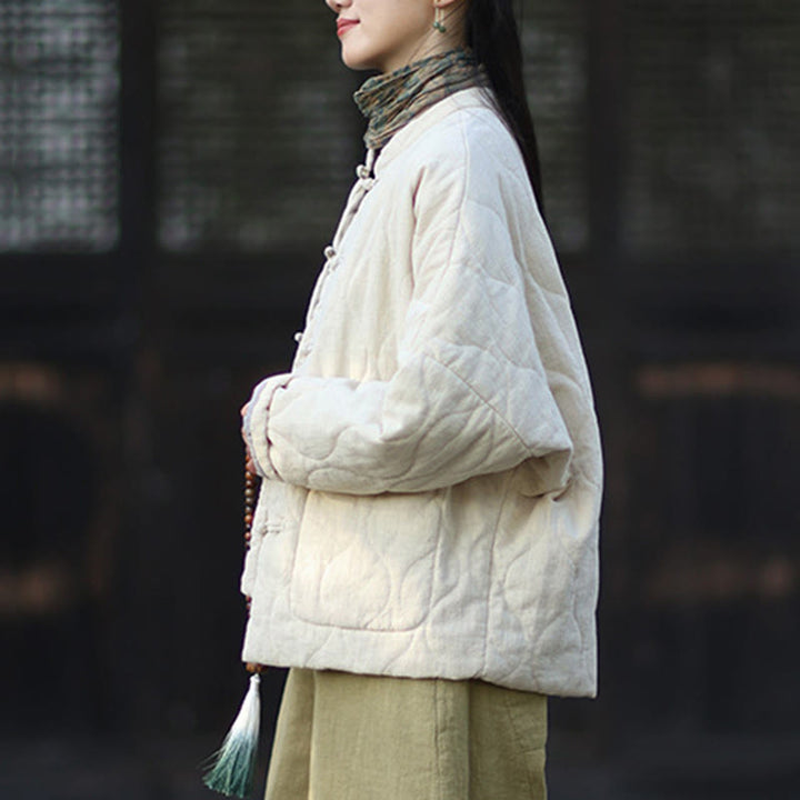 Veste thermique femme en coton ramie à manches longues et poches, motif lignes courbes et boutons grenouille , Buddha Stones Winter - image 17