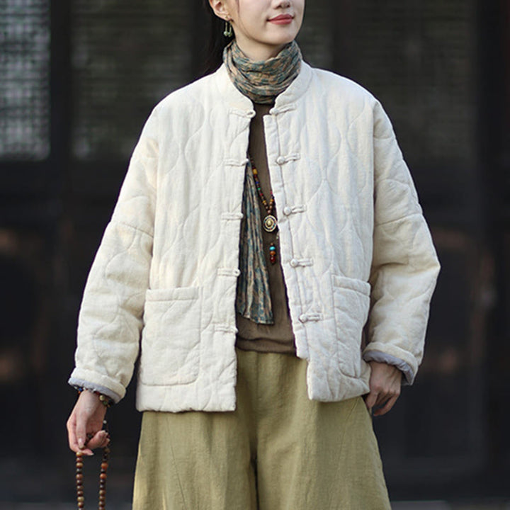 Veste thermique femme en coton ramie à manches longues et poches, motif lignes courbes et boutons grenouille , Buddha Stones Winter - image 26