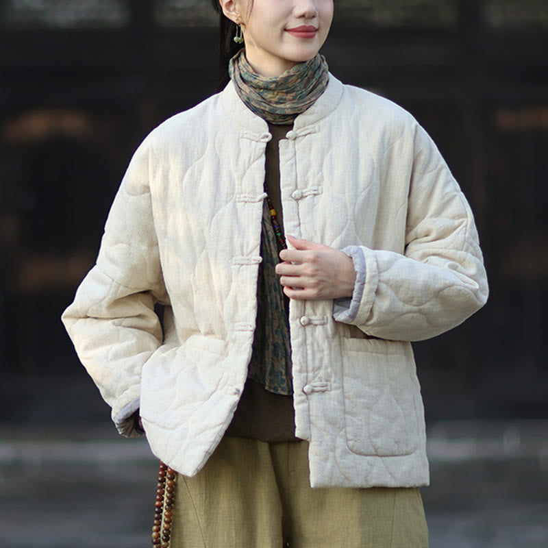 Veste thermique femme en coton ramie à manches longues et poches, motif lignes courbes et boutons grenouille , Buddha Stones Winter - image 15