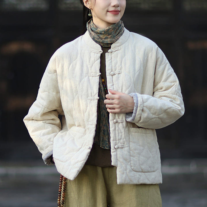 Veste thermique femme en coton ramie à manches longues et poches, motif lignes courbes et boutons grenouille , Buddha Stones Winter - image 15