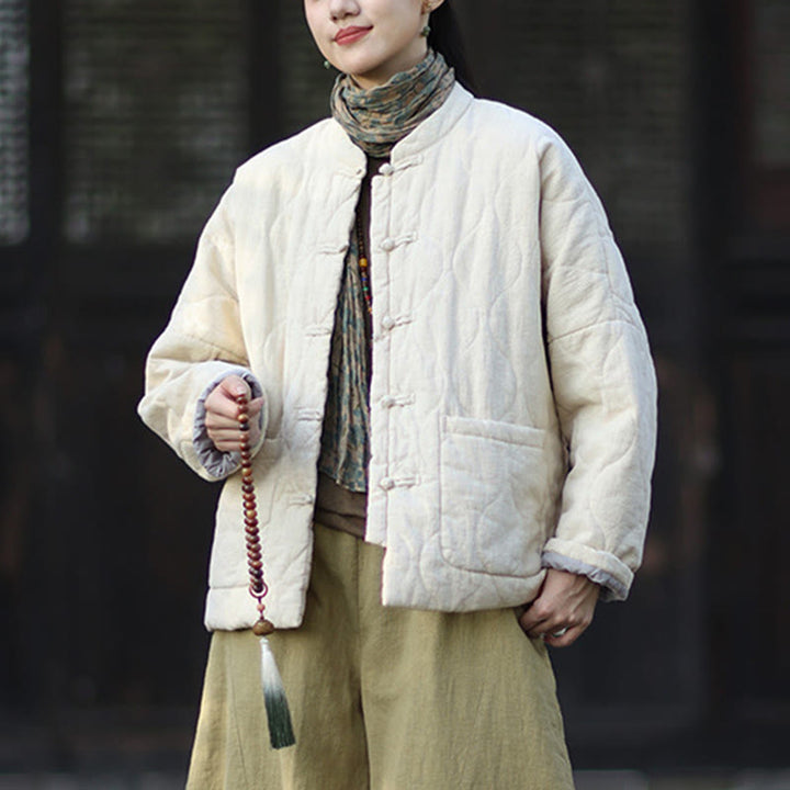 Veste thermique femme en coton ramie à manches longues et poches, motif lignes courbes et boutons grenouille , Buddha Stones Winter - image 25