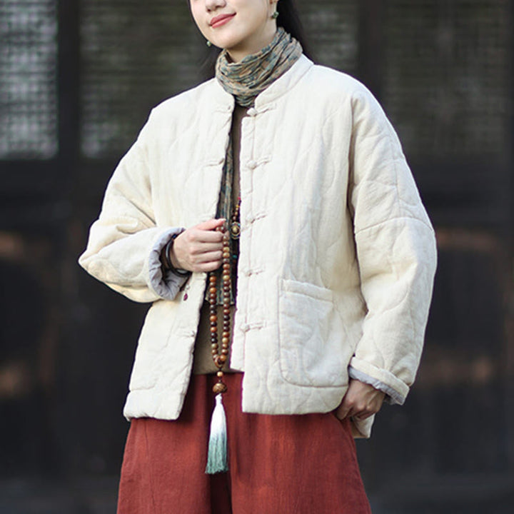 Veste thermique femme en coton ramie à manches longues et poches, motif lignes courbes et boutons grenouille , Buddha Stones Winter - image 28