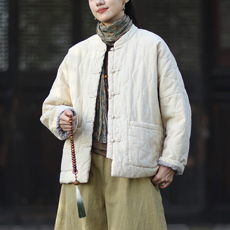 Veste thermique femme en coton ramie à manches longues et poches, motif lignes courbes et boutons grenouille , Buddha Stones Winter - image 25