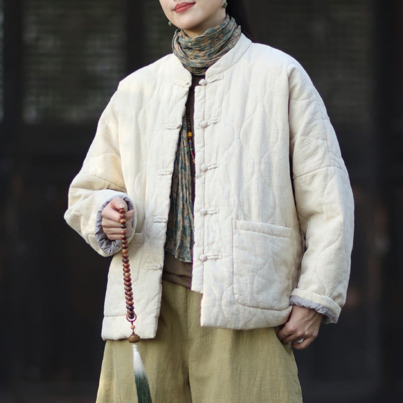 Veste thermique femme en coton ramie à manches longues et poches, motif lignes courbes et boutons grenouille , Buddha Stones Winter - image 18