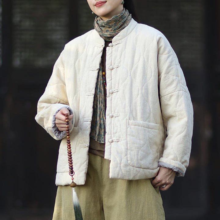Veste thermique femme en coton ramie à manches longues et poches, motif lignes courbes et boutons grenouille , Buddha Stones Winter - image 18