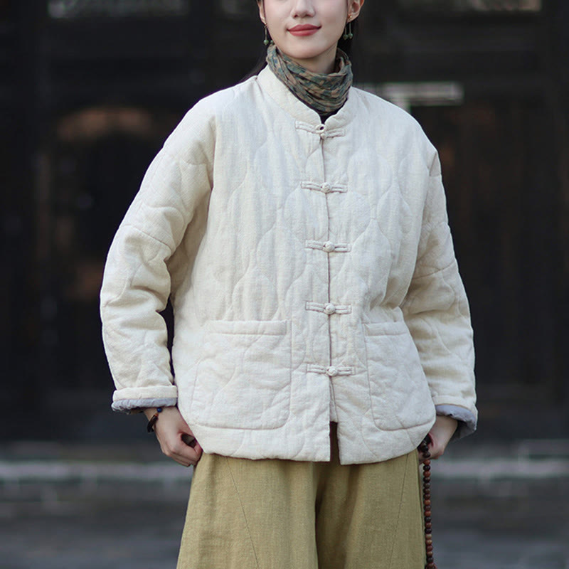Veste thermique femme en coton ramie à manches longues et poches, motif lignes courbes et boutons grenouille , Buddha Stones Winter - image 22