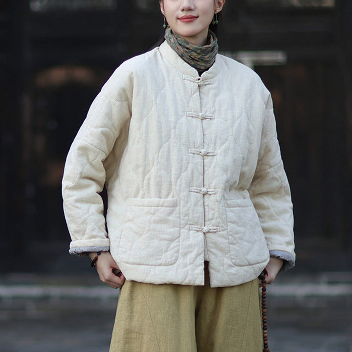 Veste thermique femme en coton ramie à manches longues et poches, motif lignes courbes et boutons grenouille , Buddha Stones Winter - image 22