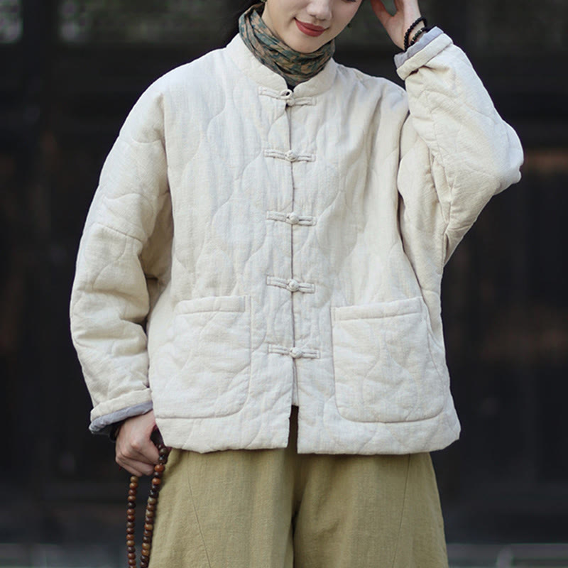 Veste thermique femme en coton ramie à manches longues et poches, motif lignes courbes et boutons grenouille , Buddha Stones Winter - image 21