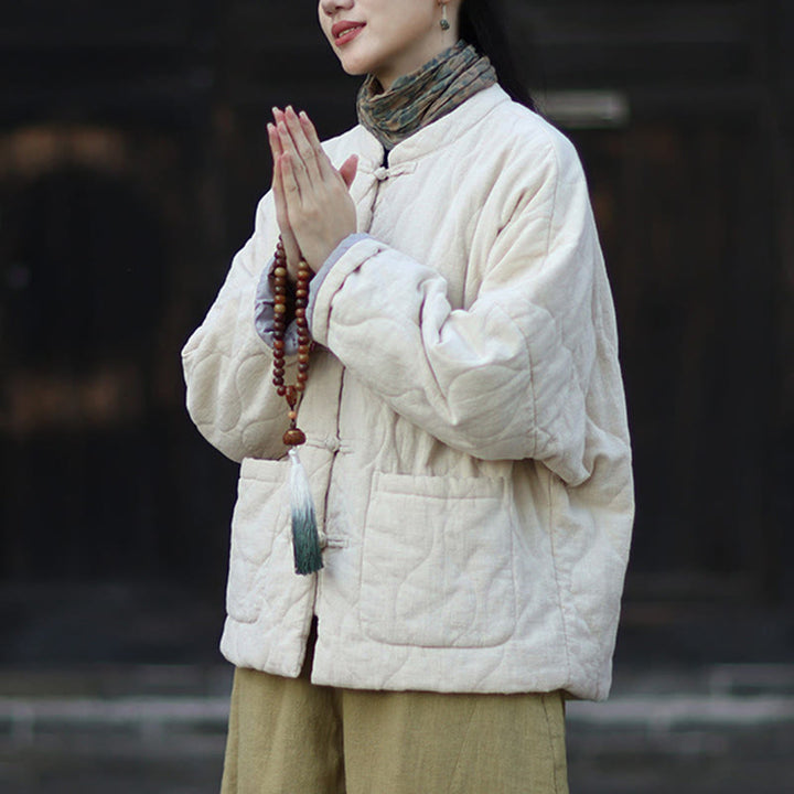 Veste thermique femme en coton ramie à manches longues et poches, motif lignes courbes et boutons grenouille , Buddha Stones Winter - image 20