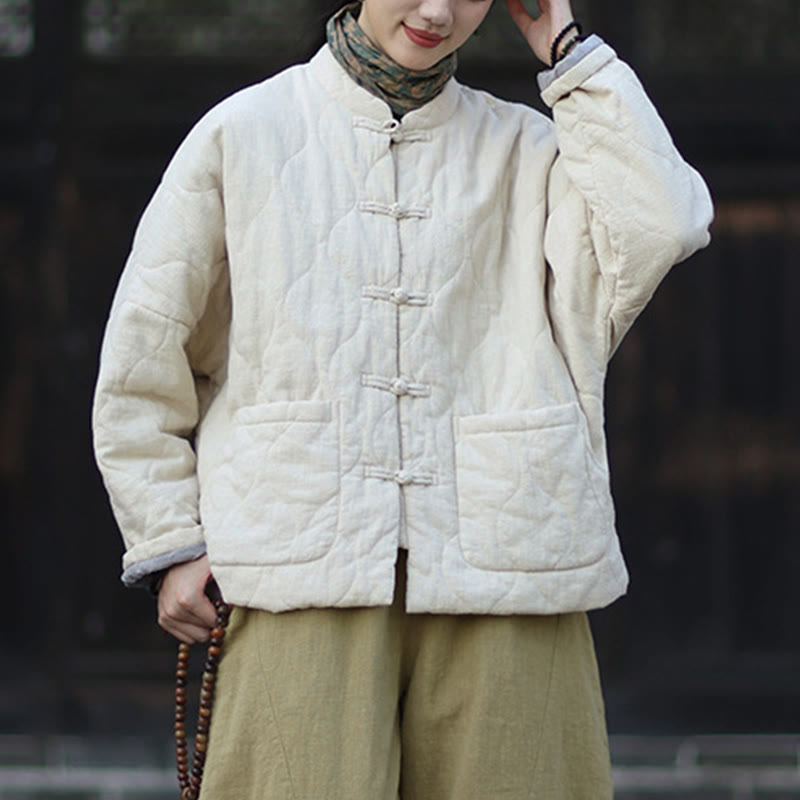 Veste thermique femme en coton ramie à manches longues et poches, motif lignes courbes et boutons grenouille , Buddha Stones Winter - image 19