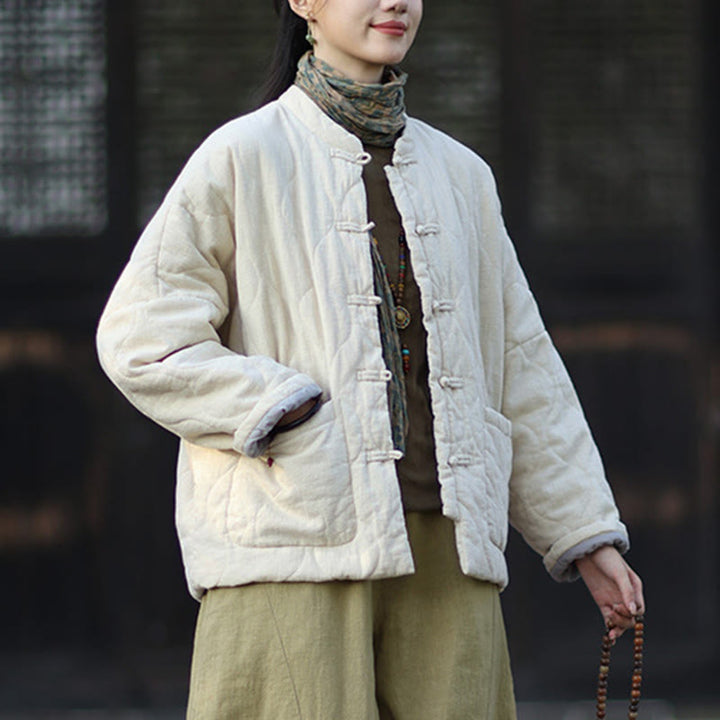 Veste thermique femme en coton ramie à manches longues et poches, motif lignes courbes et boutons grenouille , Buddha Stones Winter - image 24