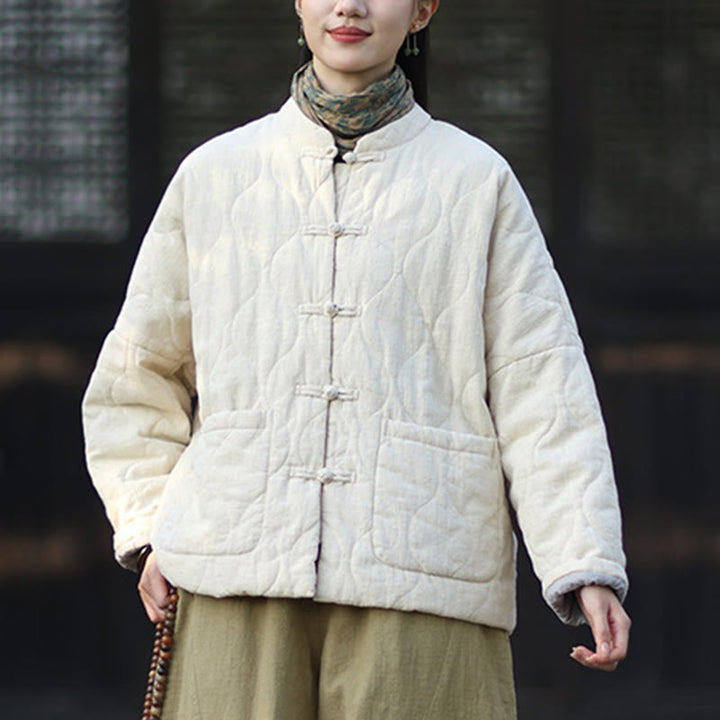 Veste thermique femme en coton ramie à manches longues et poches, motif lignes courbes et boutons grenouille , Buddha Stones Winter - image 27