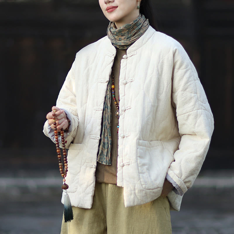 Veste thermique femme en coton ramie à manches longues et poches, motif lignes courbes et boutons grenouille , Buddha Stones Winter - image 23