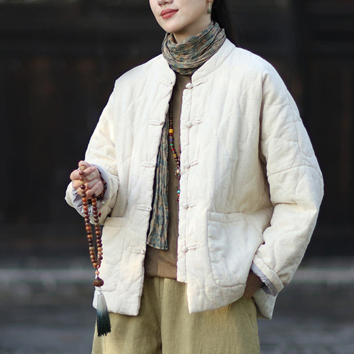 Veste thermique femme en coton ramie à manches longues et poches, motif lignes courbes et boutons grenouille , Buddha Stones Winter - image 23