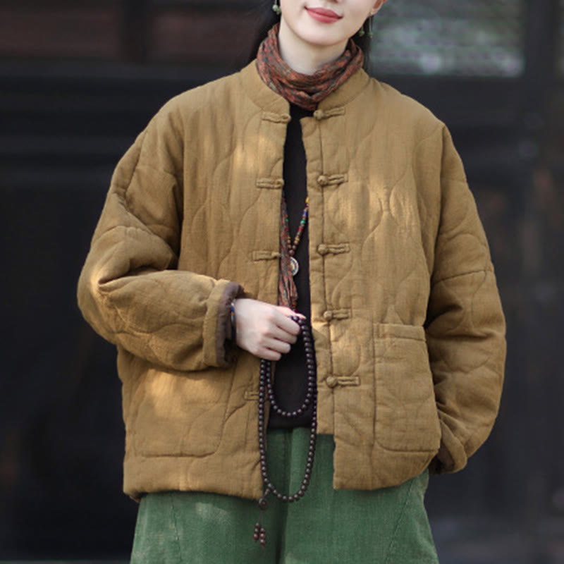 Veste thermique femme en coton ramie à manches longues et poches, motif lignes courbes et boutons grenouille , Buddha Stones Winter - image 34