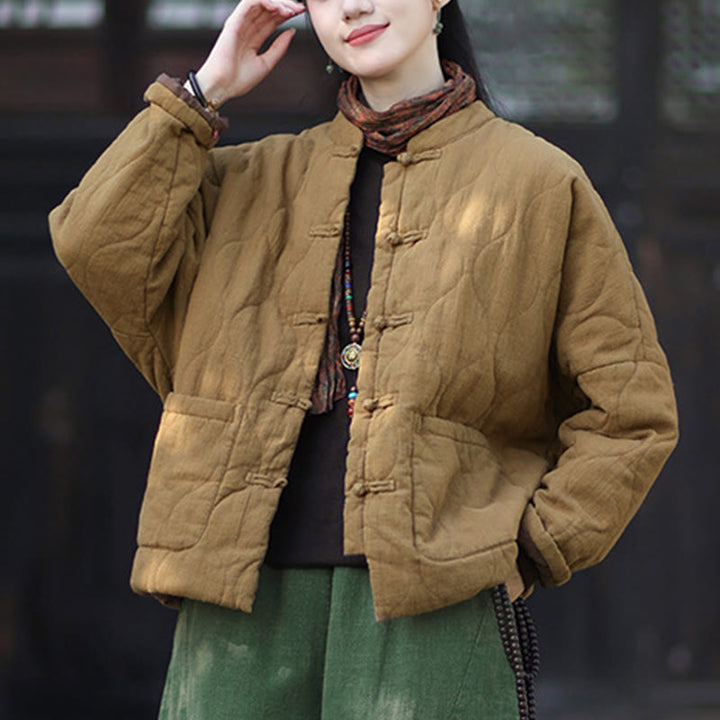 Veste thermique femme en coton ramie à manches longues et poches, motif lignes courbes et boutons grenouille , Buddha Stones Winter - image 35