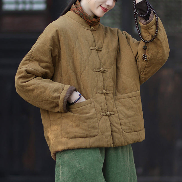 Veste thermique femme en coton ramie à manches longues et poches, motif lignes courbes et boutons grenouille , Buddha Stones Winter - image 36