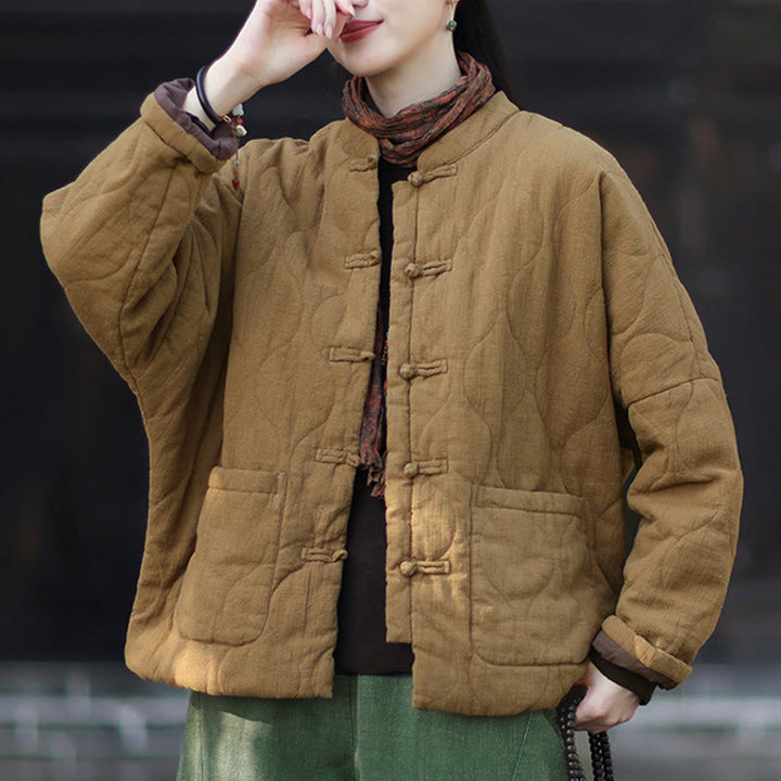 Veste thermique femme en coton ramie à manches longues et poches, motif lignes courbes et boutons grenouille , Buddha Stones Winter - image 33