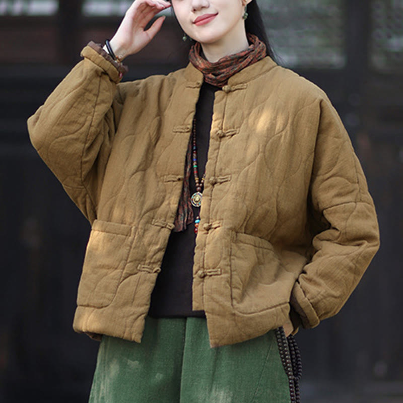 Veste thermique femme en coton ramie à manches longues et poches, motif lignes courbes et boutons grenouille , Buddha Stones Winter - image 35