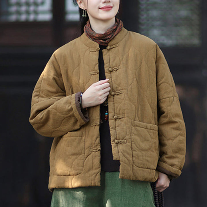 Veste thermique femme en coton ramie à manches longues et poches, motif lignes courbes et boutons grenouille , Buddha Stones Winter - image 37