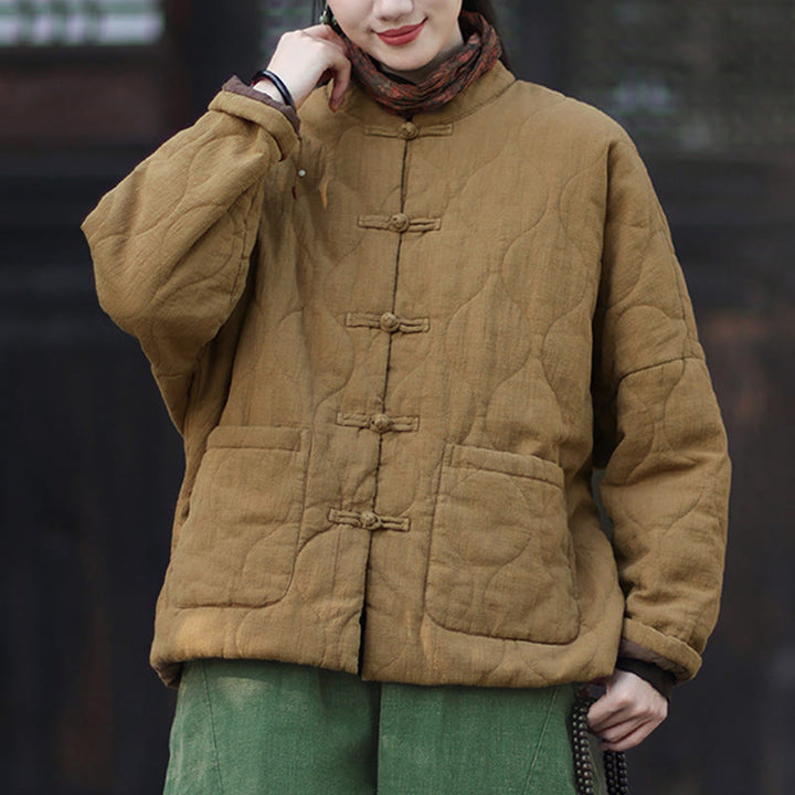 Veste thermique femme en coton ramie à manches longues et poches, motif lignes courbes et boutons grenouille , Buddha Stones Winter - image 31