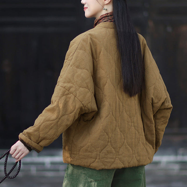 Veste thermique femme en coton ramie à manches longues et poches, motif lignes courbes et boutons grenouille , Buddha Stones Winter - image 32
