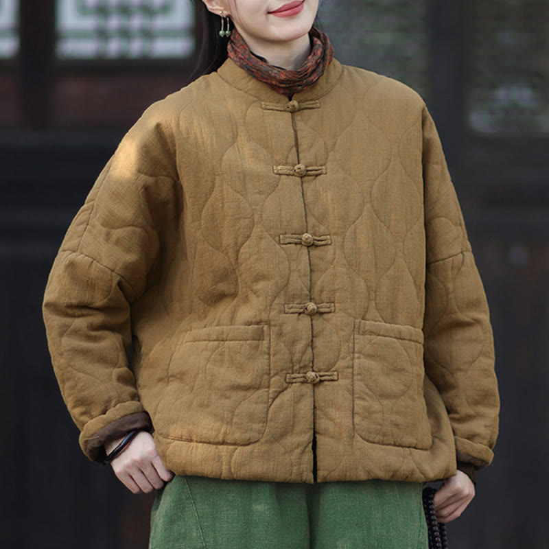 Veste thermique femme en coton ramie à manches longues et poches, motif lignes courbes et boutons grenouille , Buddha Stones Winter - image 30