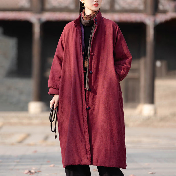 Manteau thermique d'hiver pour femme en coton ramie uni à manches longues et poches, orné de boutons brandebourg, de la Buddha Stones. - Cramoisi - US6，UK/AU10，EU38 (M) - image 10