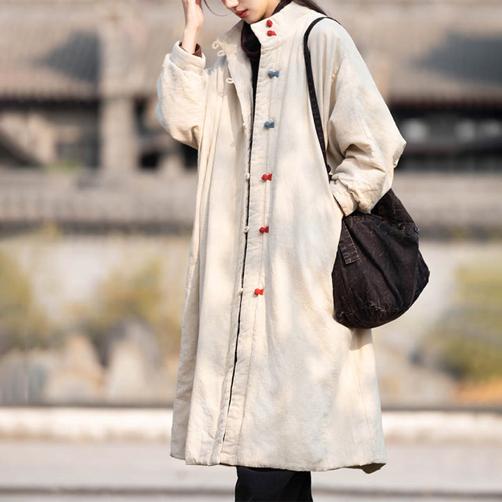 Manteau thermique d'hiver pour femme en coton ramie uni à manches longues et poches, orné de boutons brandebourg, de la Buddha Stones. - Lin - US6，UK/AU10，EU38 (M) - image 0