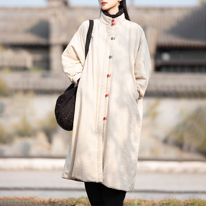 Manteau thermique d'hiver pour femme en coton ramie uni à manches longues et poches, orné de boutons brandebourg, de la Buddha Stones. - image 9