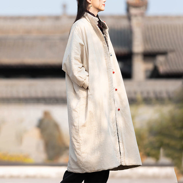 Manteau thermique d'hiver pour femme en coton ramie uni à manches longues et poches, orné de boutons brandebourg, de la Buddha Stones. - image 3