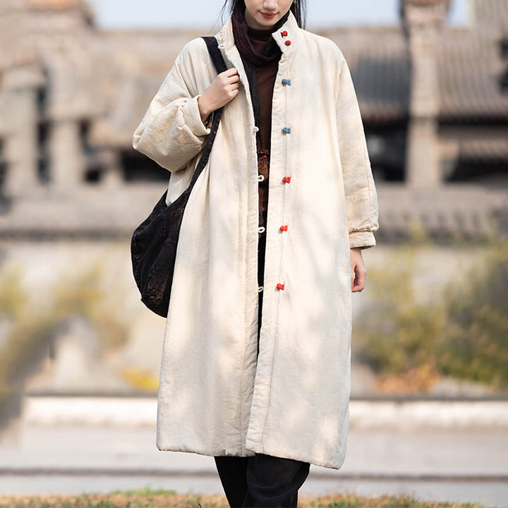 Manteau thermique d'hiver pour femme en coton ramie uni à manches longues et poches, orné de boutons brandebourg, de la Buddha Stones. - image 2