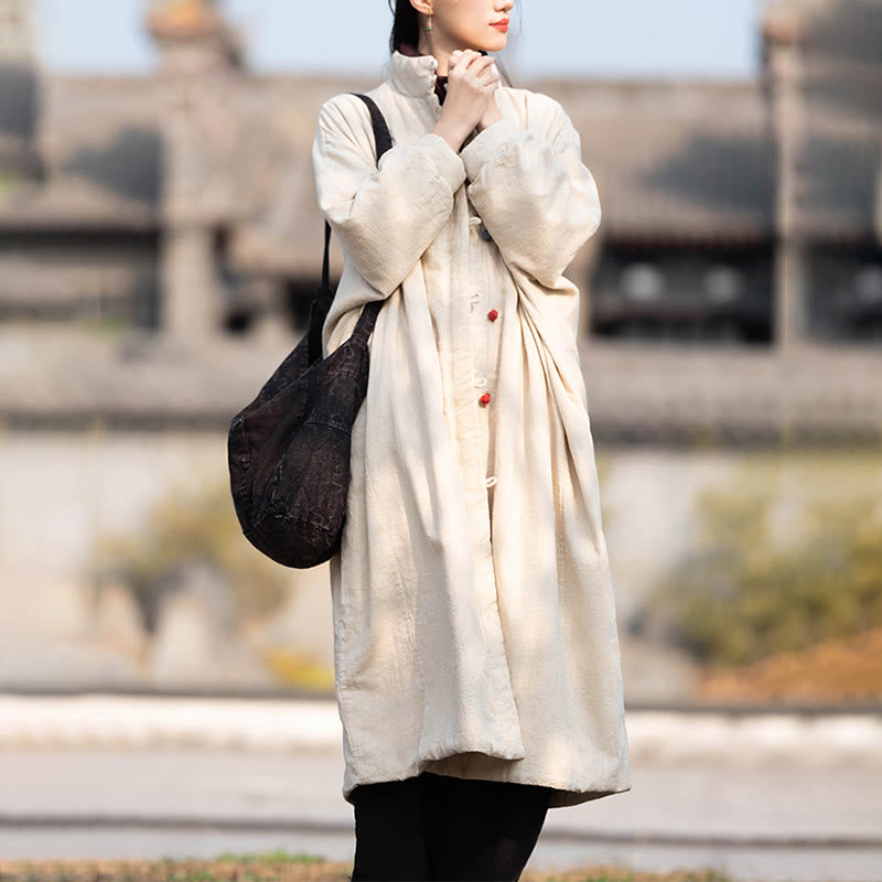 Manteau thermique d'hiver pour femme en coton ramie uni à manches longues et poches, orné de boutons brandebourg, de la Buddha Stones. - image 5