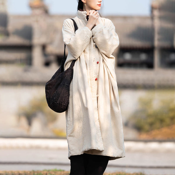 Manteau thermique d'hiver pour femme en coton ramie uni à manches longues et poches, orné de boutons brandebourg, de la Buddha Stones. - image 5