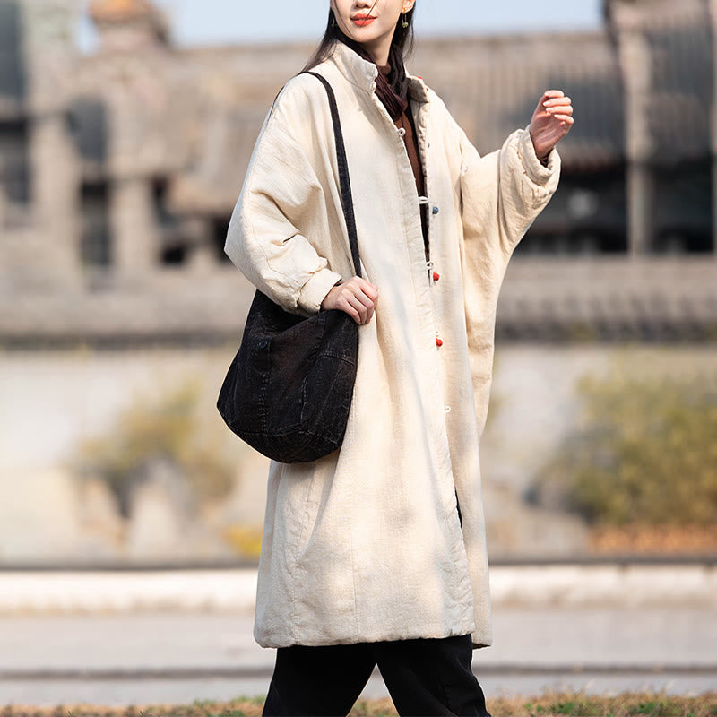 Manteau thermique d'hiver pour femme en coton ramie uni à manches longues et poches, orné de boutons brandebourg, de la Buddha Stones. - image 4