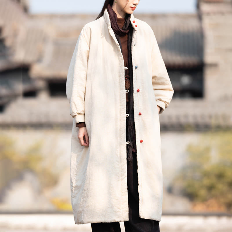 Manteau thermique d'hiver pour femme en coton ramie uni à manches longues et poches, orné de boutons brandebourg, de la Buddha Stones. - image 1