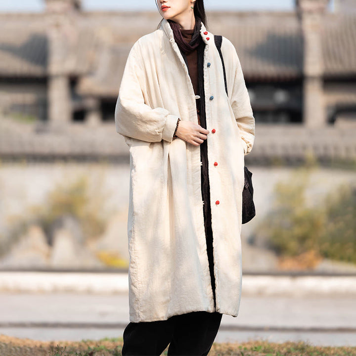 Manteau thermique d'hiver pour femme en coton ramie uni à manches longues et poches, orné de boutons brandebourg, de la Buddha Stones. - image 6