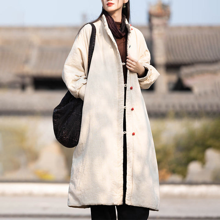 Manteau thermique d'hiver pour femme en coton ramie uni à manches longues et poches, orné de boutons brandebourg, de la Buddha Stones. - image 8