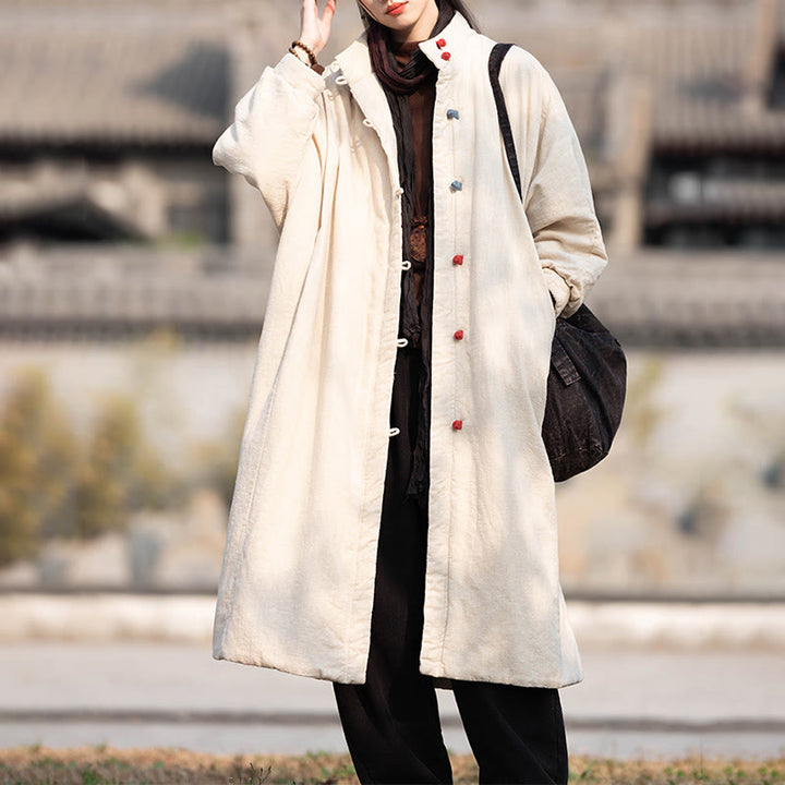 Manteau thermique d'hiver pour femme en coton ramie uni à manches longues et poches, orné de boutons brandebourg, de la Buddha Stones. - image 7