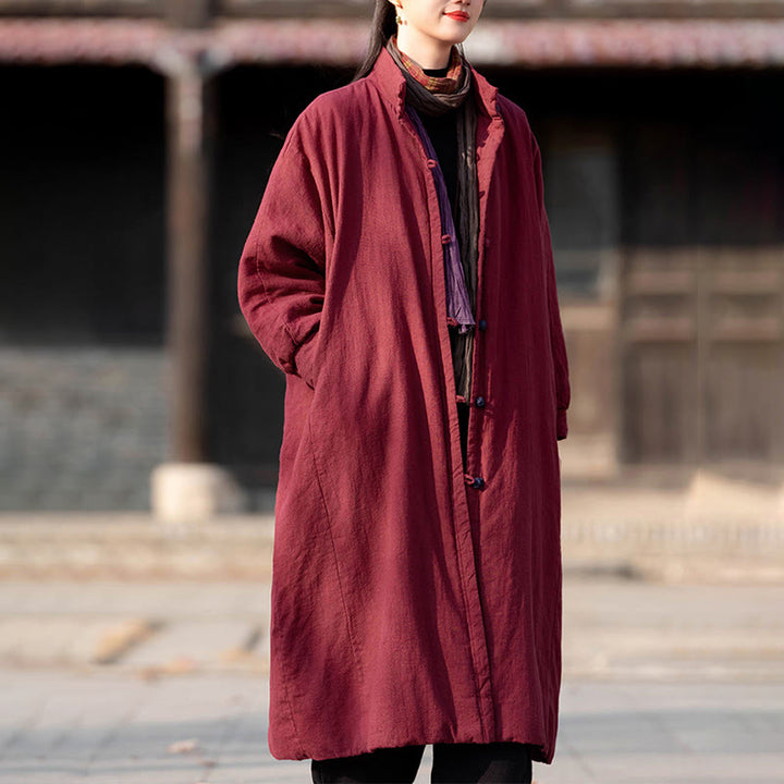 Manteau thermique d'hiver pour femme en coton ramie uni à manches longues et poches, orné de boutons brandebourg, de la Buddha Stones. - image 11