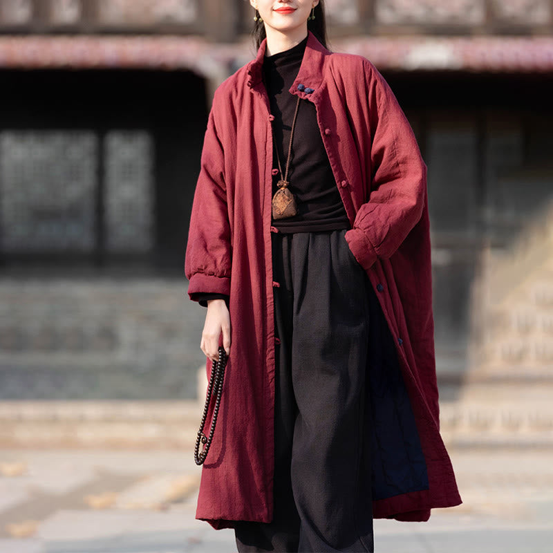 Manteau thermique d'hiver pour femme en coton ramie uni à manches longues et poches, orné de boutons brandebourg, de la Buddha Stones. - image 15