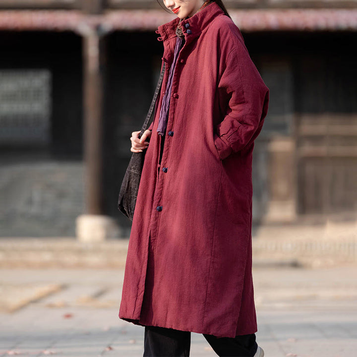 Manteau thermique d'hiver pour femme en coton ramie uni à manches longues et poches, orné de boutons brandebourg, de la Buddha Stones. - image 13